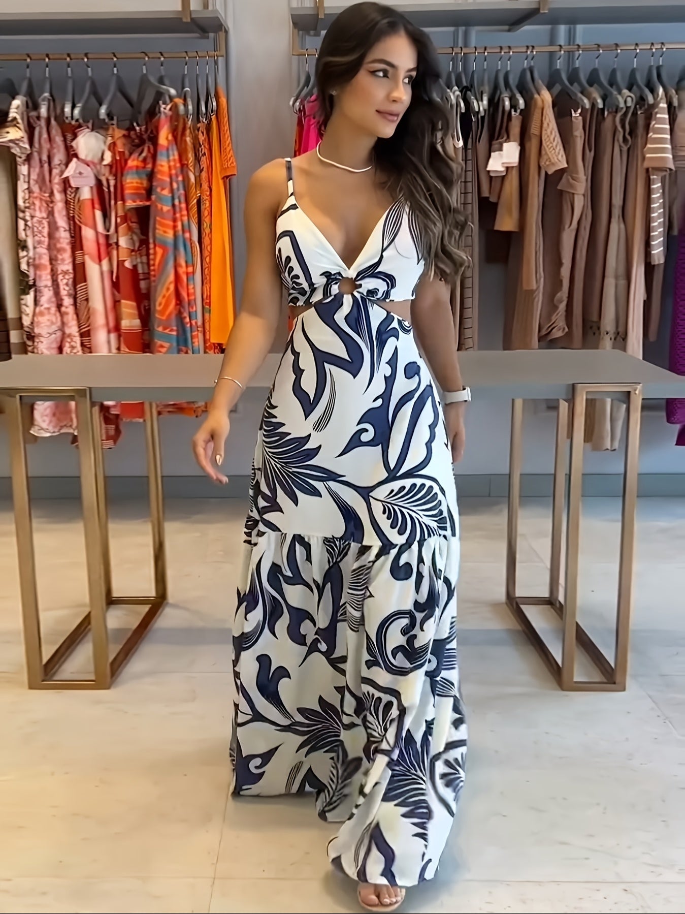 Vestido Estampado Modelo ҒΛRM Decote V com Amarração nas Costas