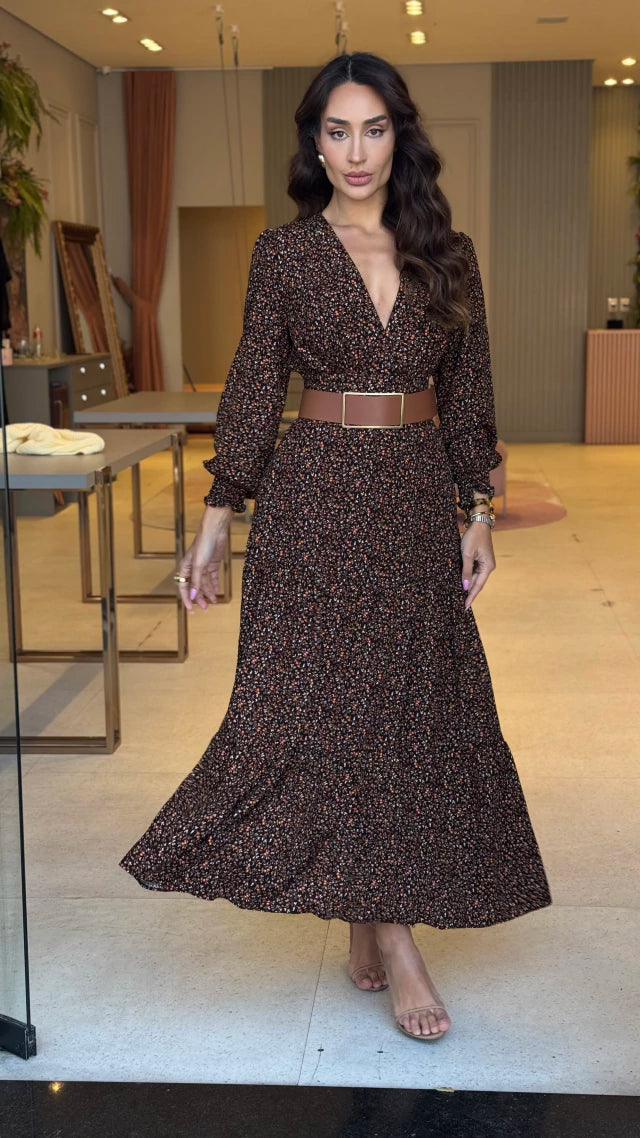 Vestido Larissa Fundo Preto Com Cinto