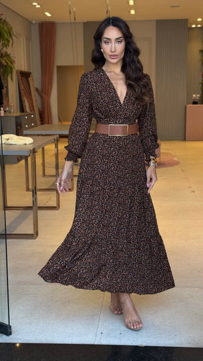 Vestido Larissa Fundo Preto Com Cinto