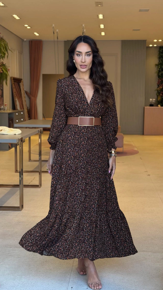 Vestido Larissa Fundo Preto Com Cinto